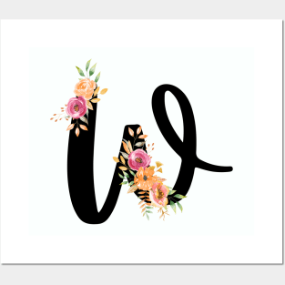 Letter W With Watercolor Floral Wreath Posters and Art